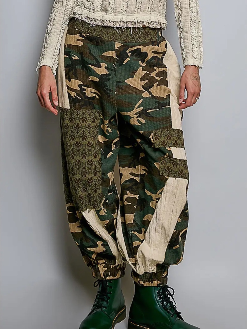 POL Varied Patchwork Waistband Elastic Cuff Camo Jogger Pants NEW WITH TAG